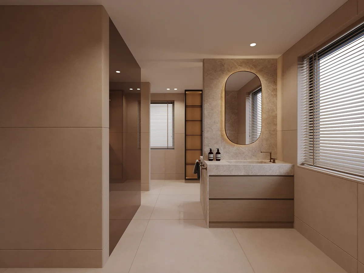 Badkamer met zwevend meubel en ovale spiegel