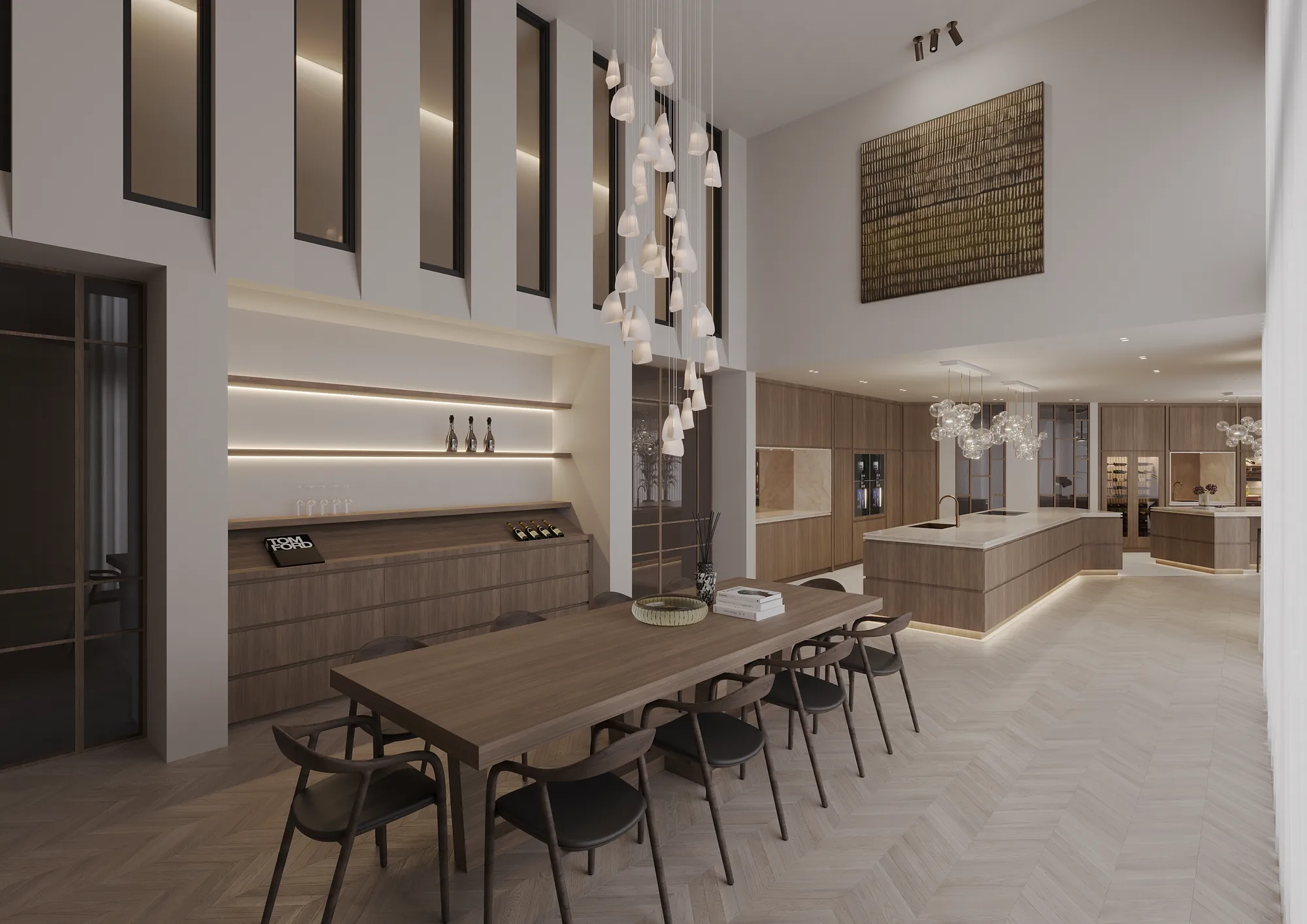 Showroom met lange tafel en ingebouwde keukenopstelling