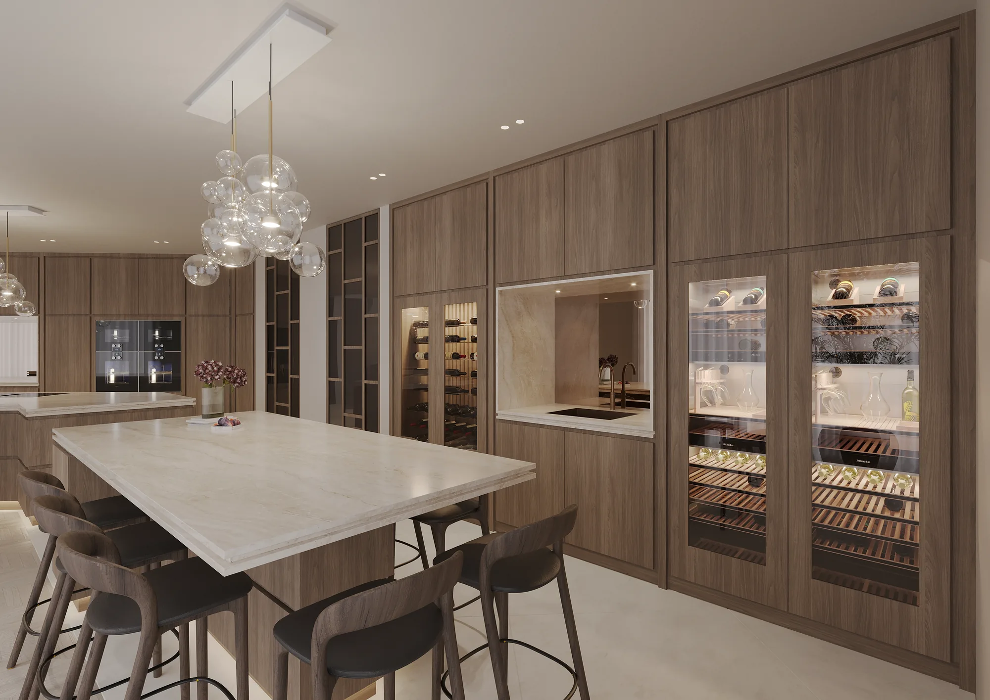Showroom met wijnkasten en bar