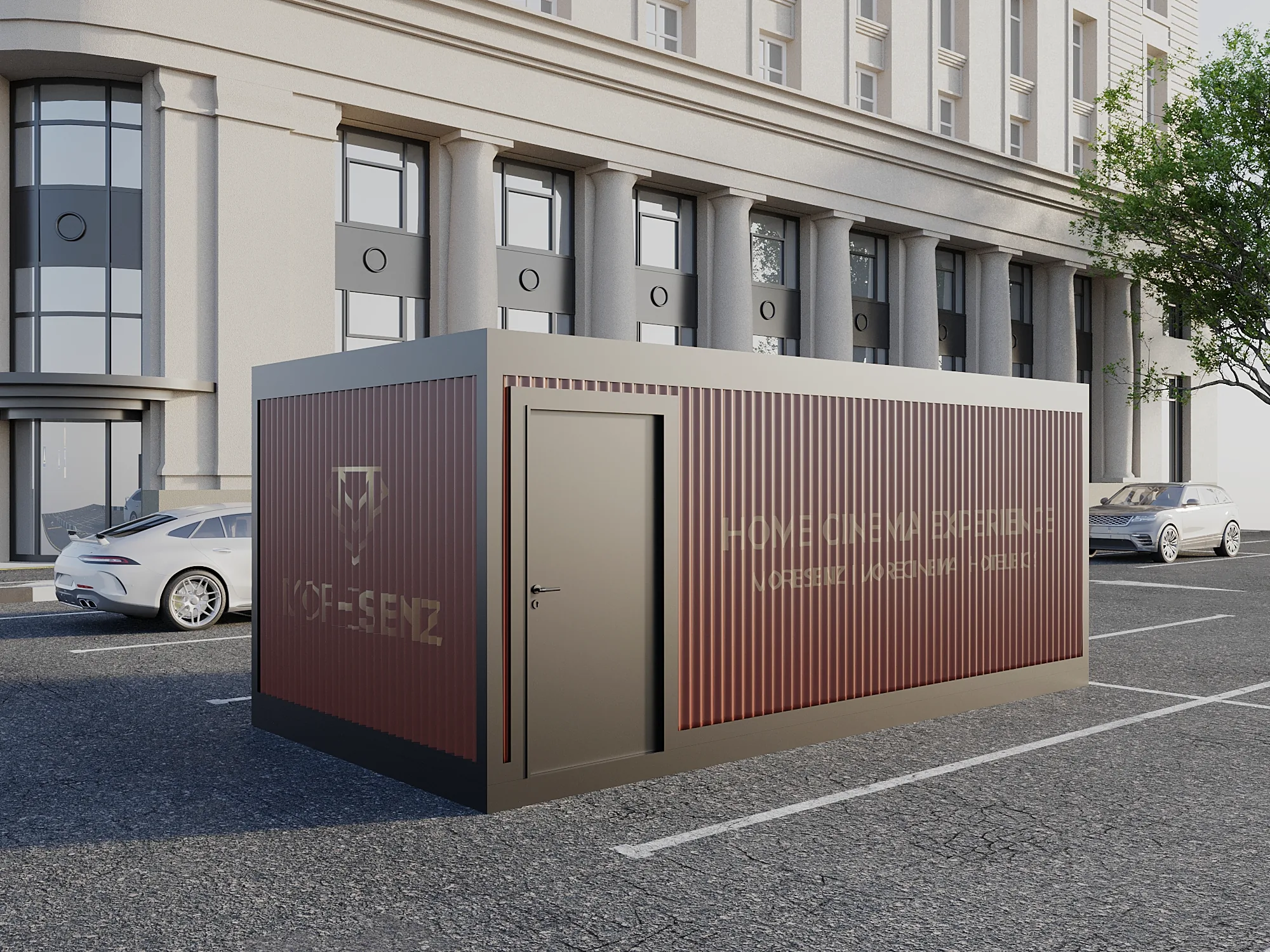 Mobiele bioscoopunit in een straatbeeld