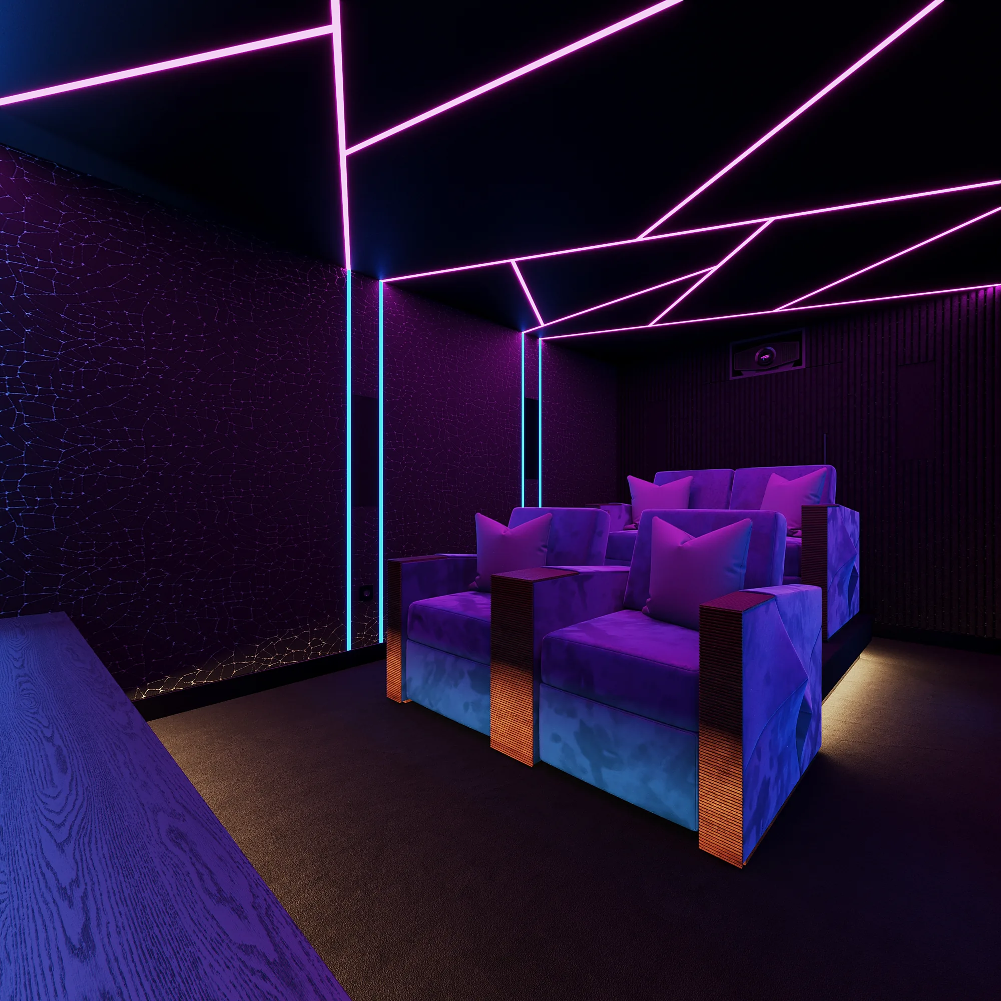 Bioscoopinterieur met neonlijnen langs wanden en plafond