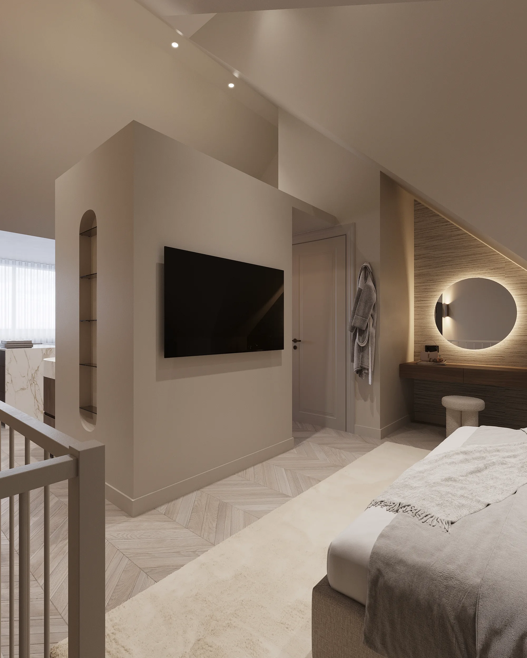 Slaapkamer onder de kap, met de ronde spiegel en de televisiewand