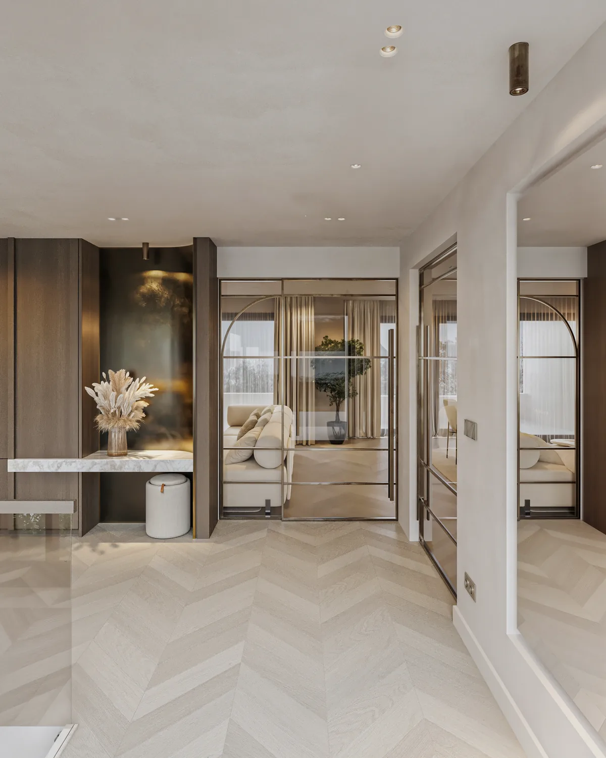 Slaapkamer met kaptafel en doorkijk naar de badkamer