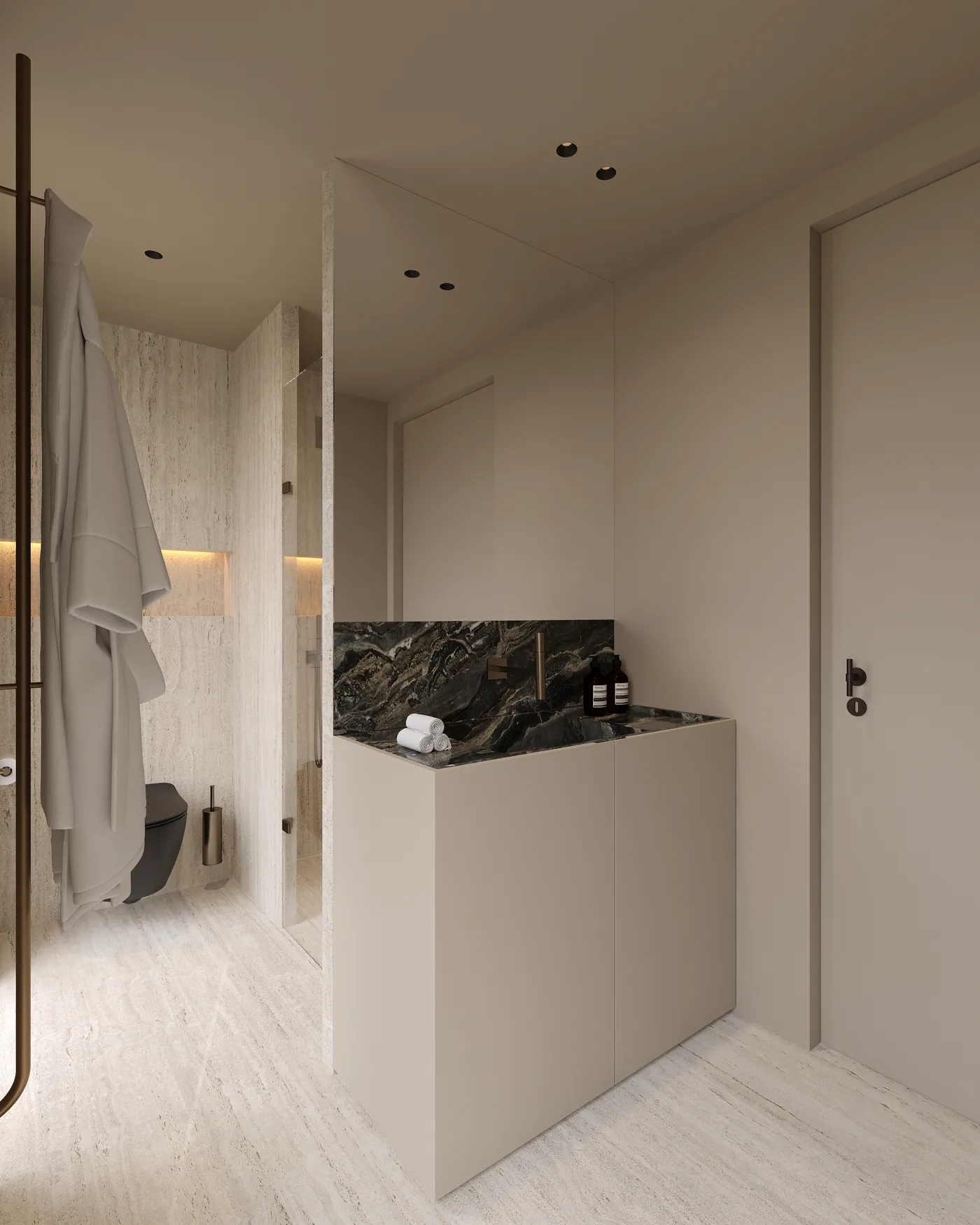 Badkamer met wastafelblad in donker marmer
