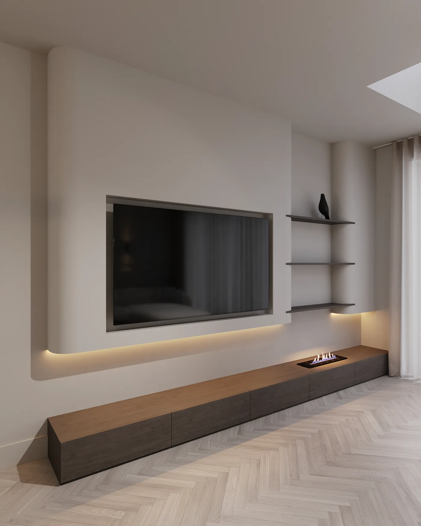 Cinewall met zwevend blad in donker hout