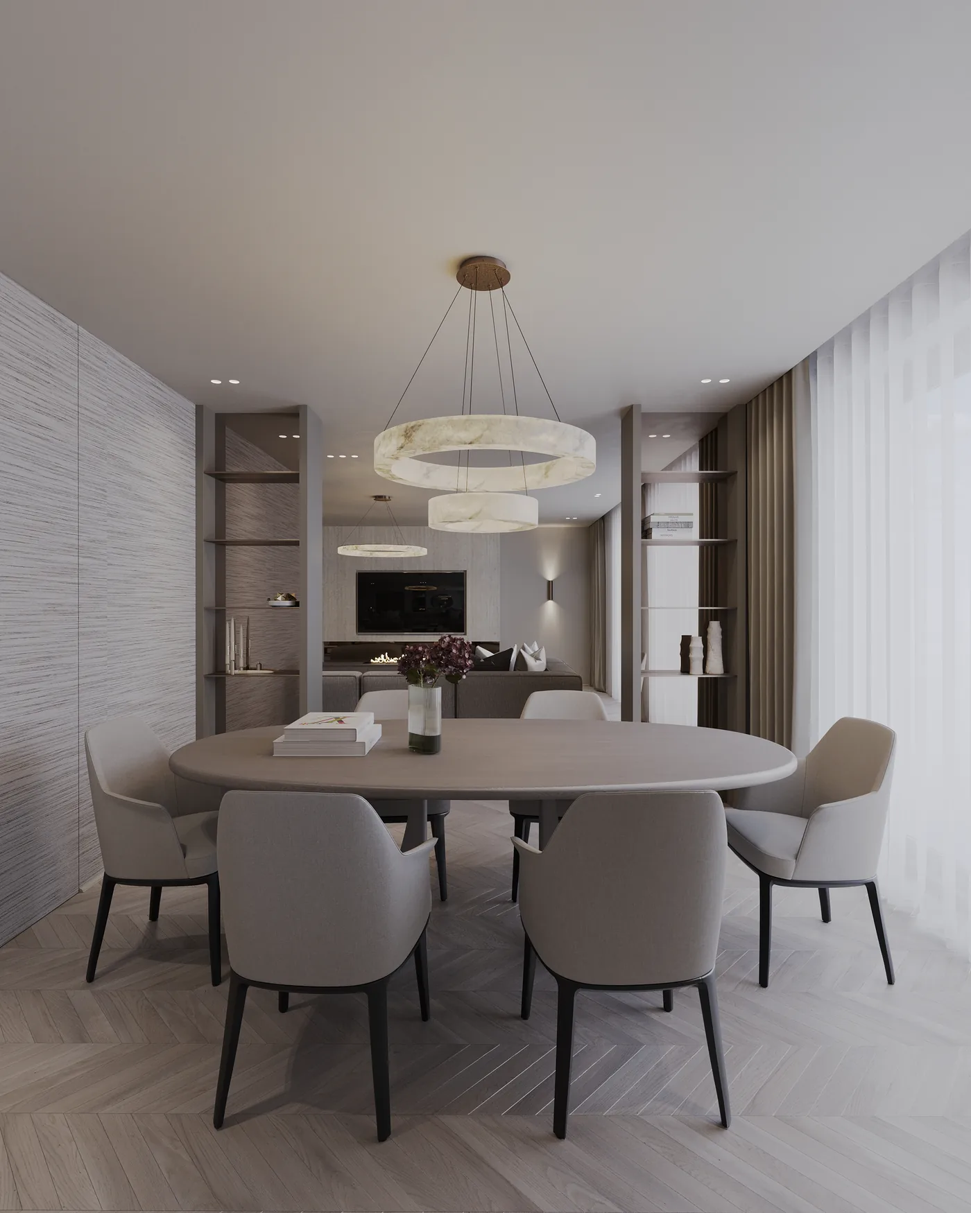 Eetkamer met hanglamp boven de tafel