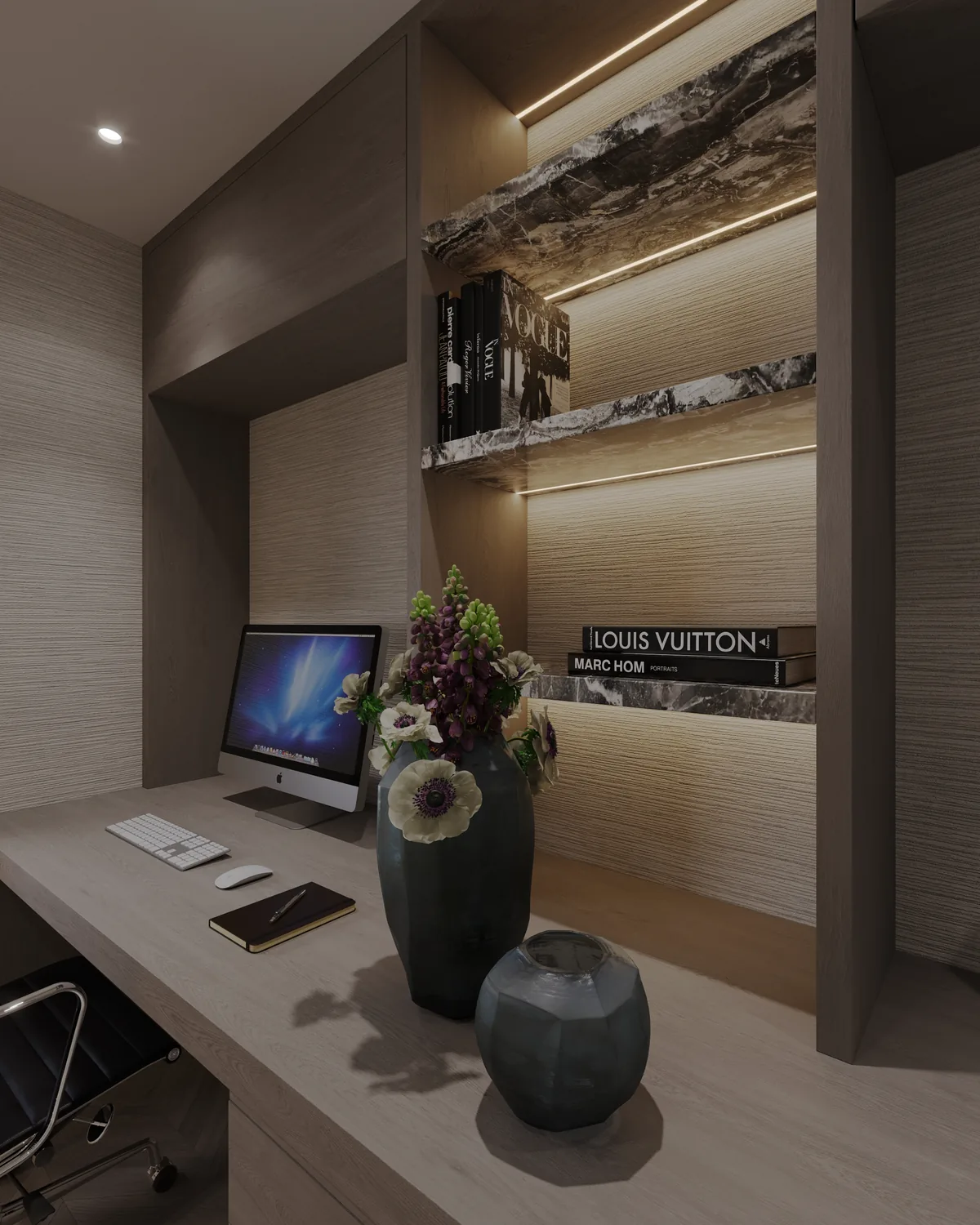 Werkplek met ingebouwde boekenwand