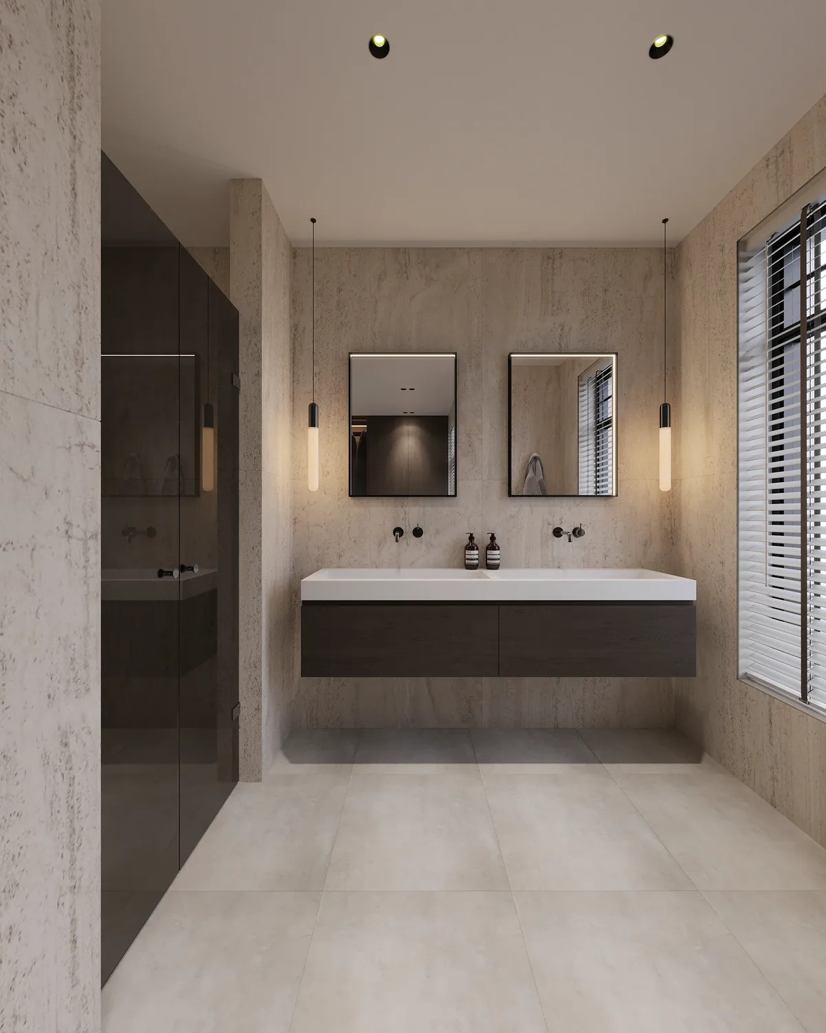 Masterbadkamer met dubbele wastafel en natuursteen wand