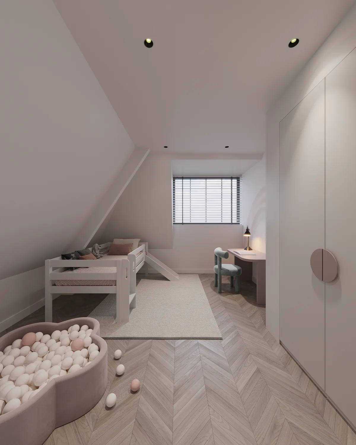 Kinderkamer met hoogslaper en ballenbak