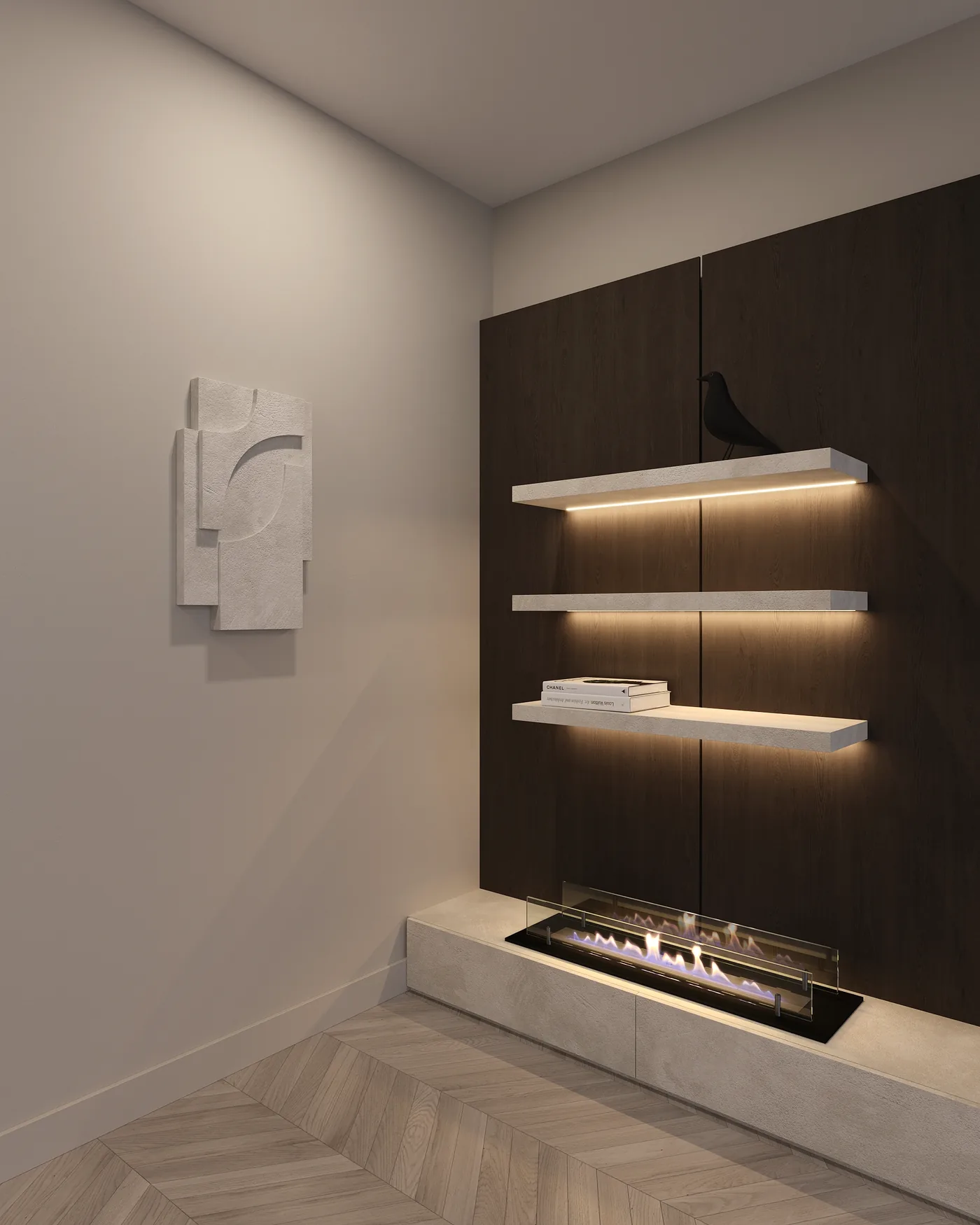 Haardwand met verlichte nissen in donker hout