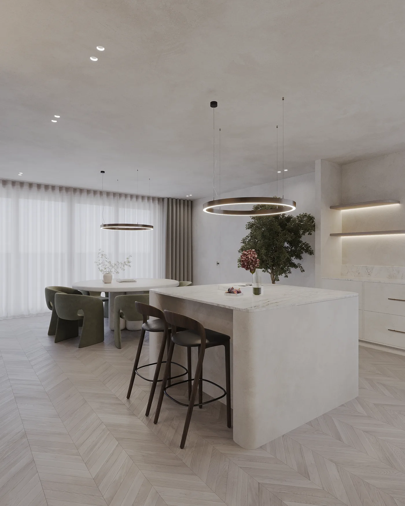 Keukeneiland met ringarmatuur en barkrukken