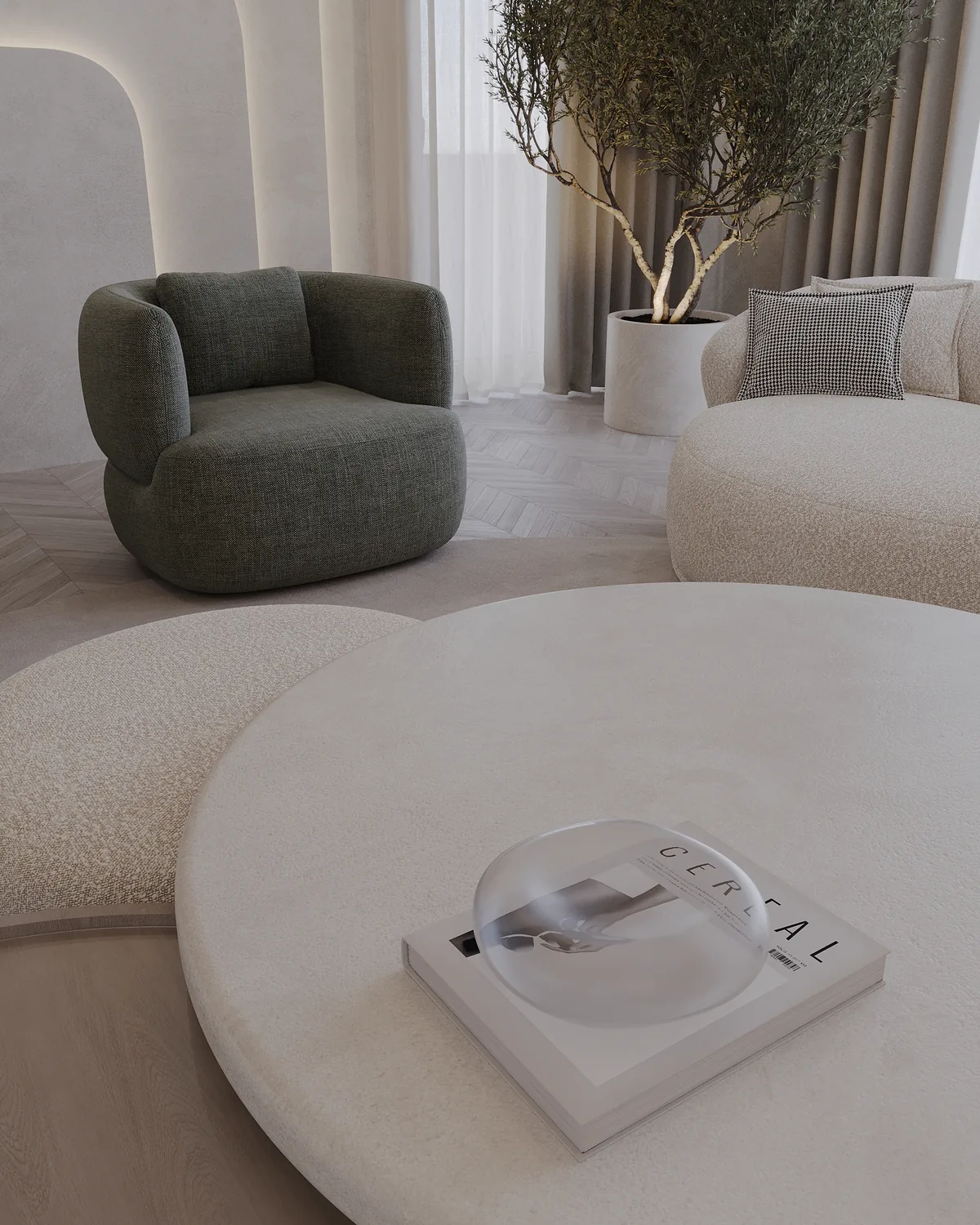Zithoek met ronde fauteuil en boombak