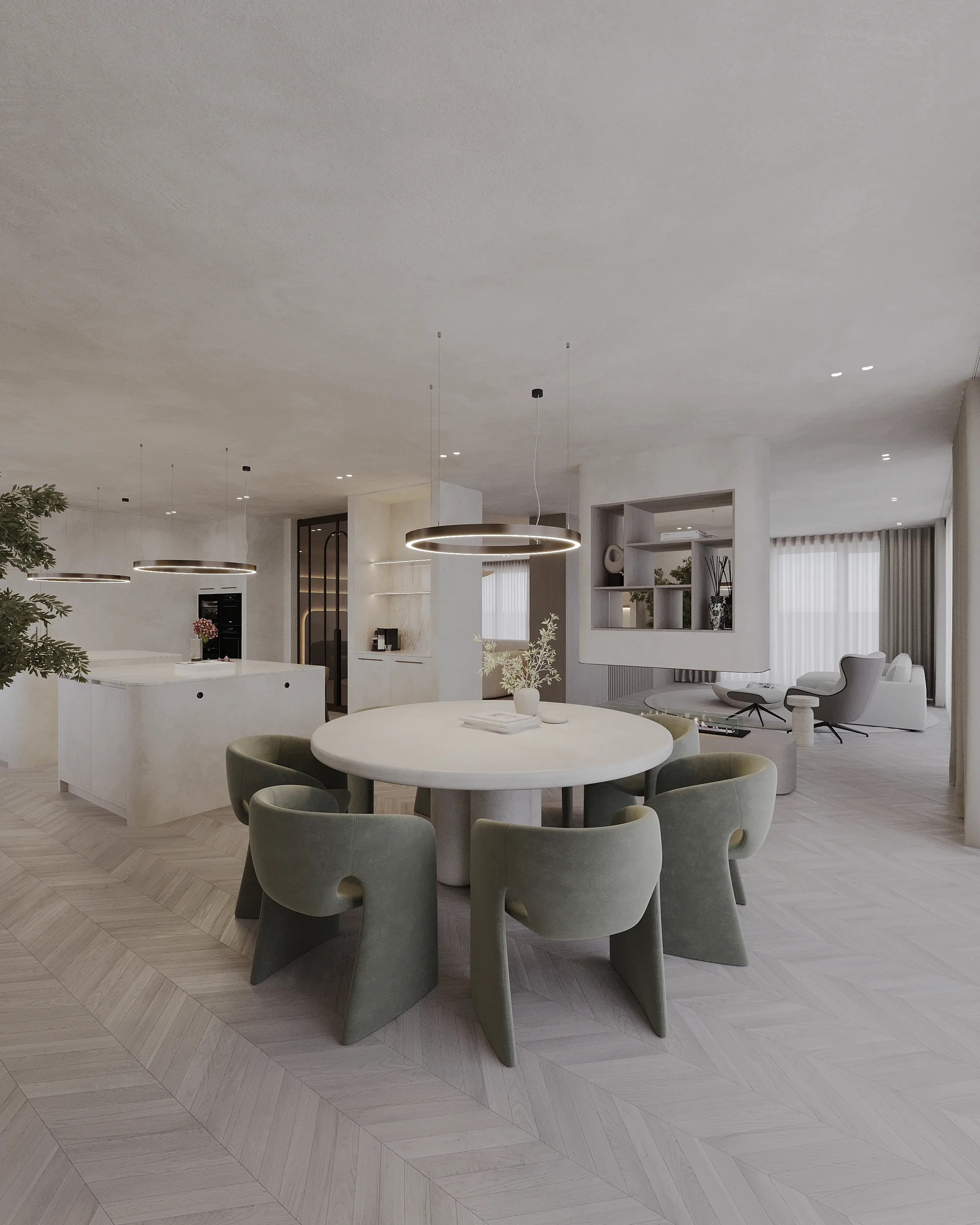 Eettafel met ringarmaturen, met doorkijk naar keuken en woonkamer